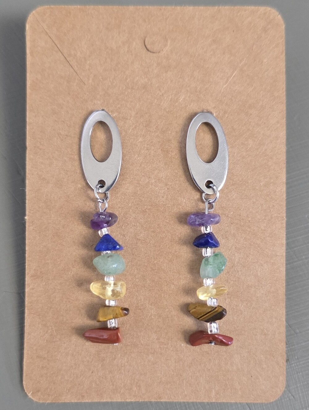 Multi-Color Chakra Beaded Drop Earrings - Silver Tone